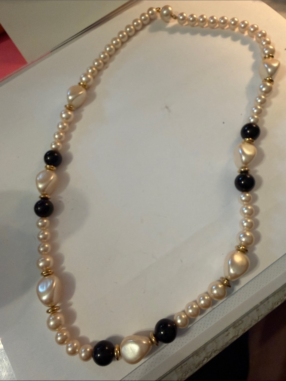 Vintage Cream Pearl like Necklace with Black Beads and Gold tone Accents